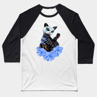 Day Of The Dead Sugar Skull Cat Blue Flowers Baseball T-Shirt